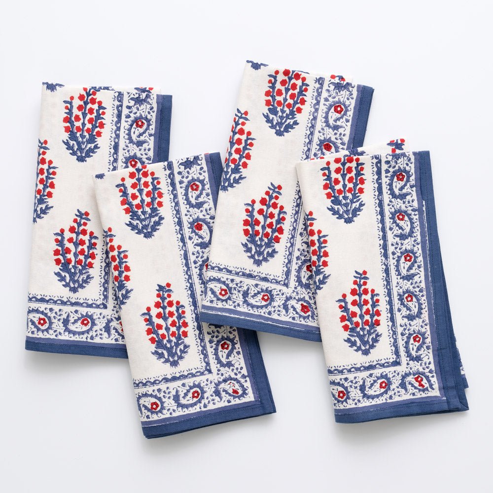 Sagar Red, White & Blue Hand Block Printed Floral Cotton Napkins | Patriotic 4th of July Table Linens