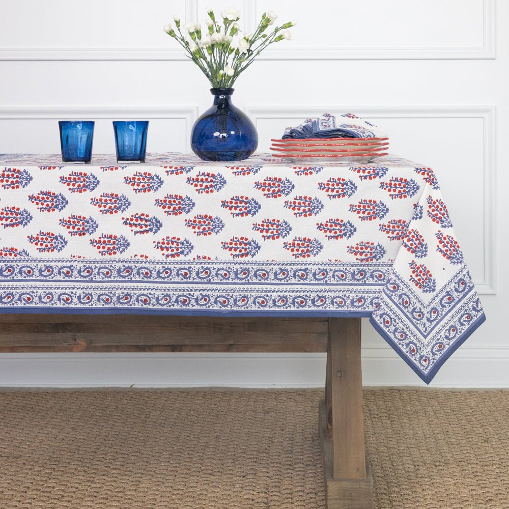Sagar Red, White & Blue Hand Block Printed Floral Cotton Tablecloth | Patriotic 4th of July Table Linens