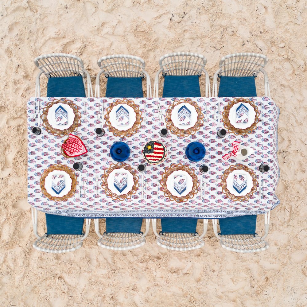 Sagar Red, White & Blue Hand Block Printed Floral Cotton Tablecloth | Patriotic 4th of July Table Linens