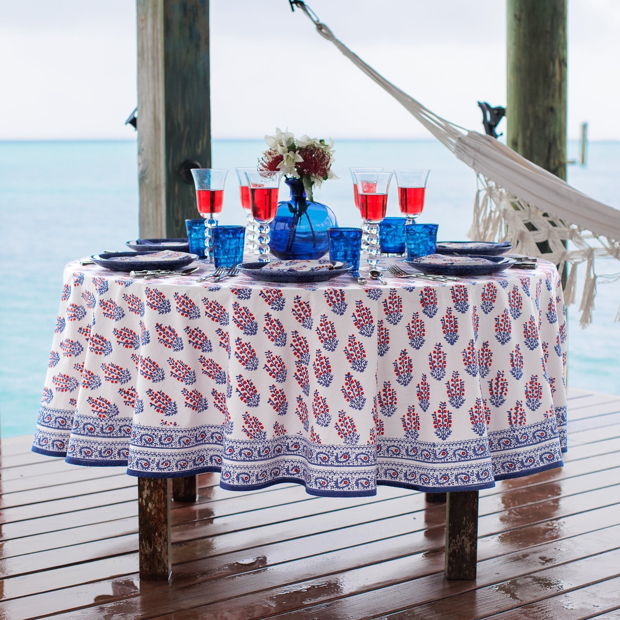 Sagar Red, White & Blue Hand Block Printed Floral Cotton Tablecloth | Patriotic 4th of July Table Linens