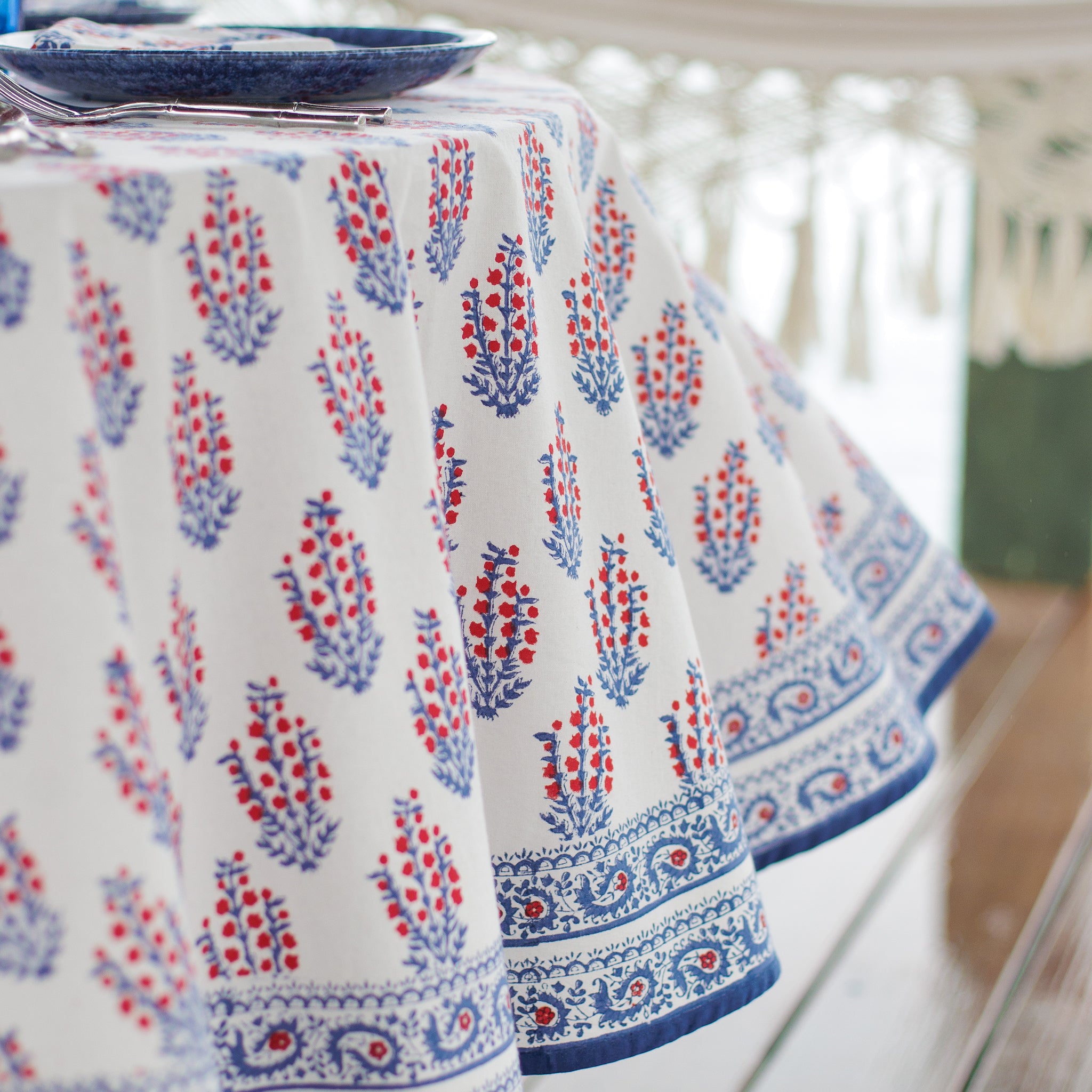 Sagar Red, White & Blue Hand Block Printed Floral Cotton Tablecloth | Patriotic 4th of July Table Linens