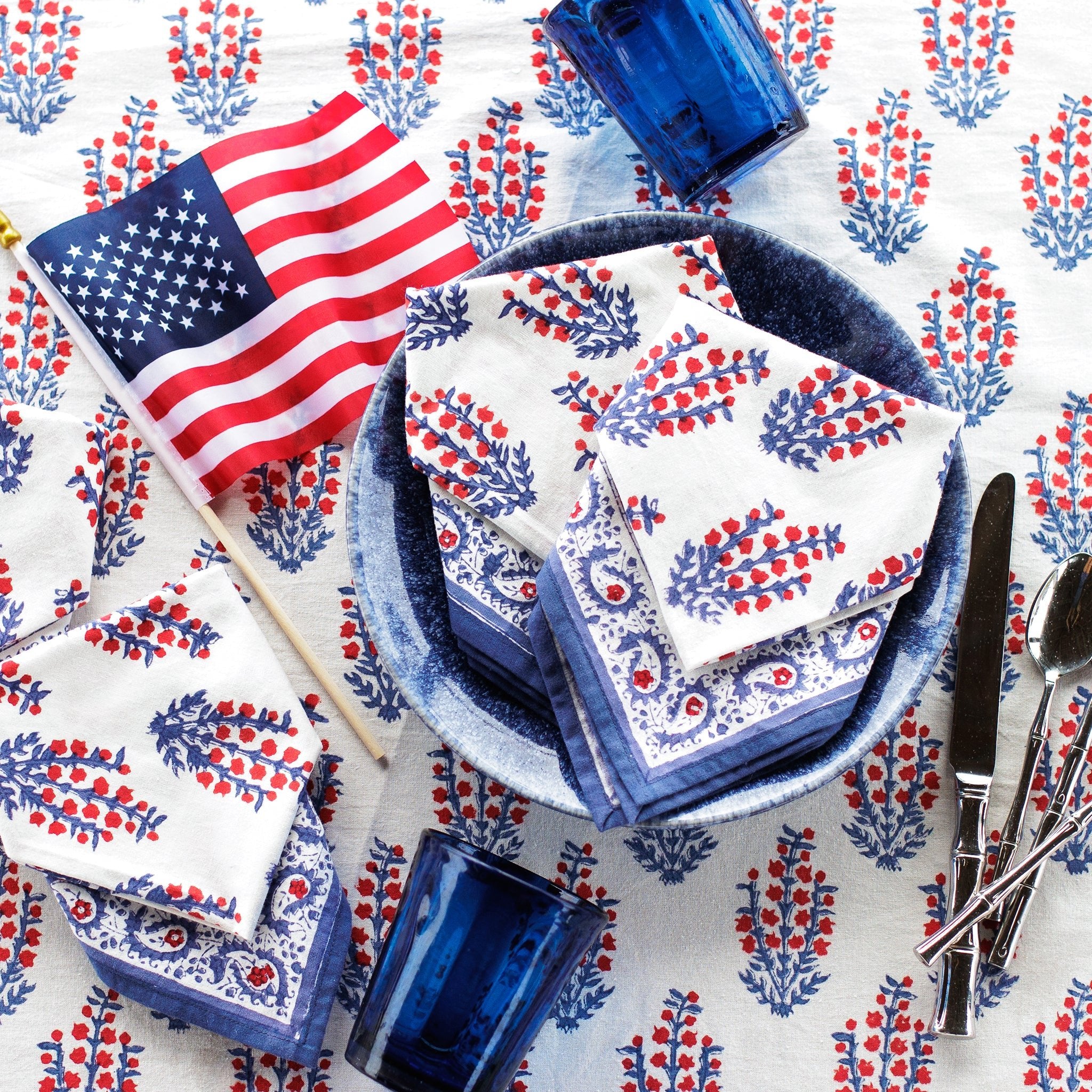 Sagar Red, White & Blue Hand Block Printed Floral Cotton Napkins | Patriotic 4th of July Table Linens