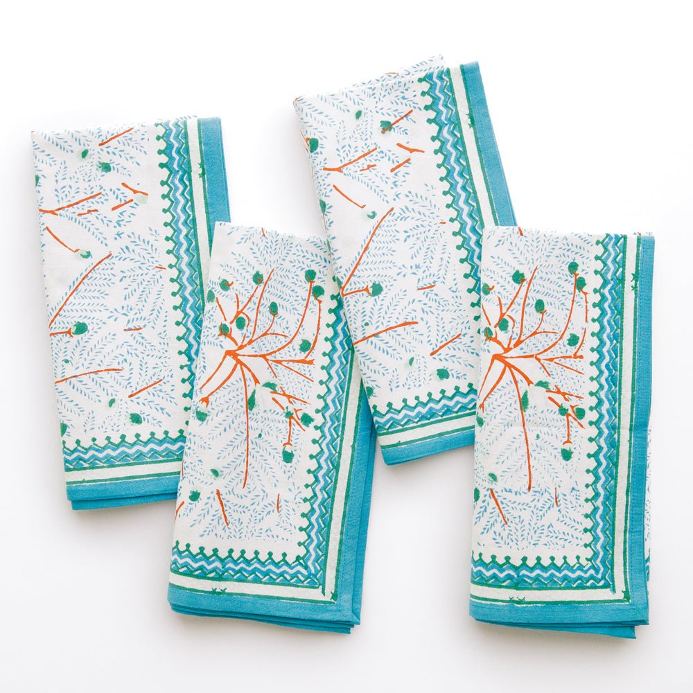 Teal & coral hand block printed napkins
