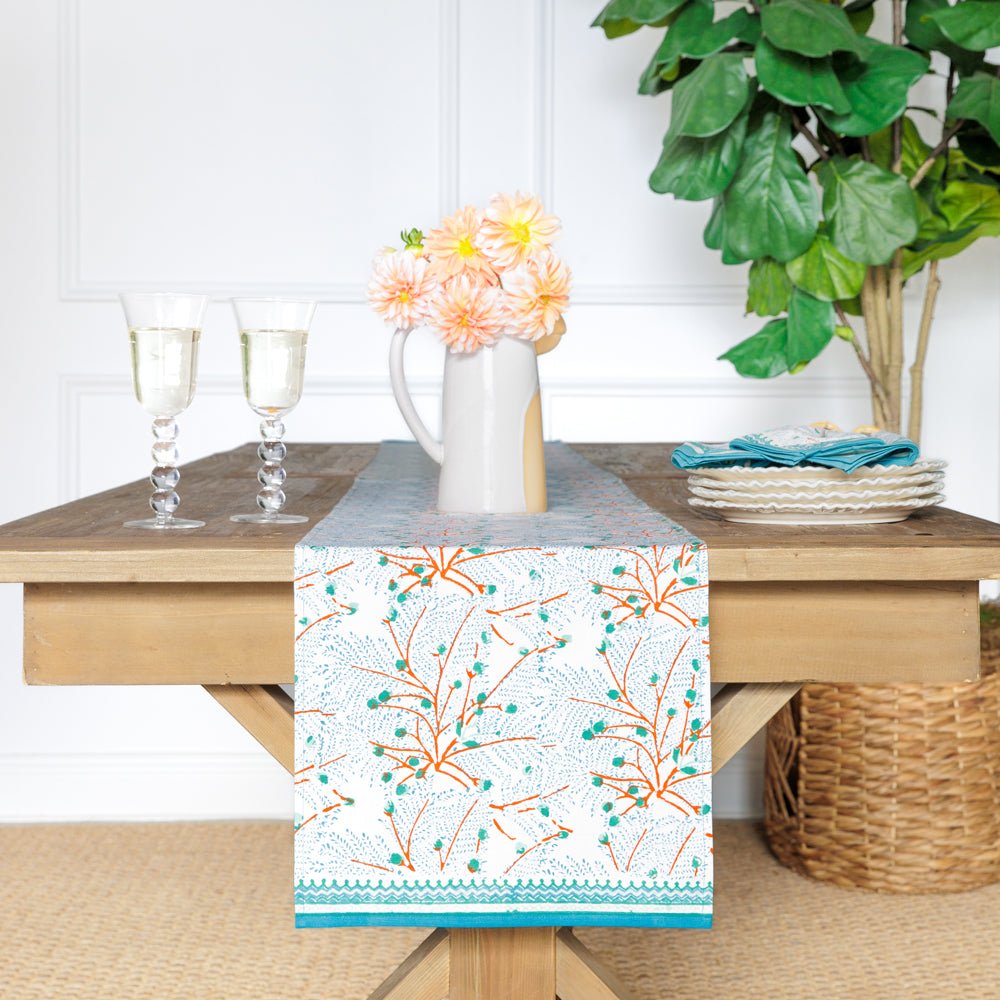 Teal & coral hand block printed cotton canvas table runner