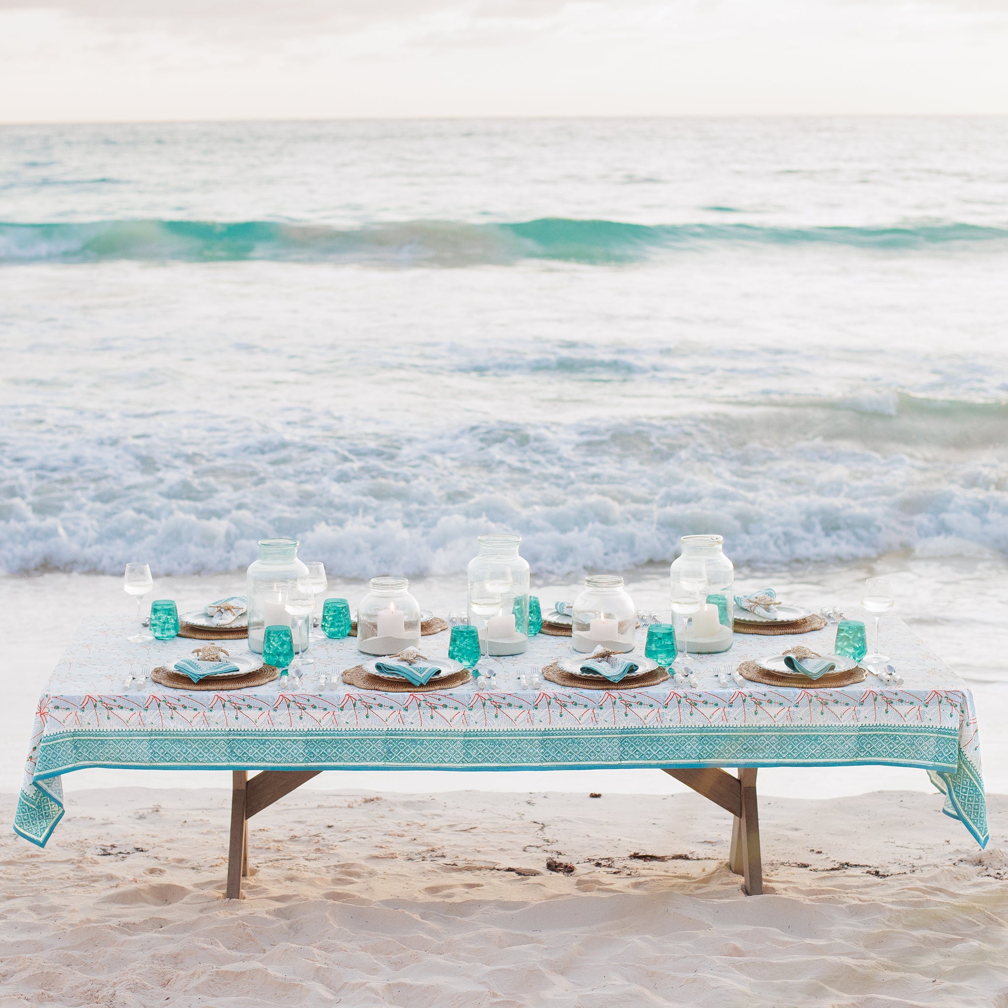 Teal & coral hand block printed cotton tablecloth