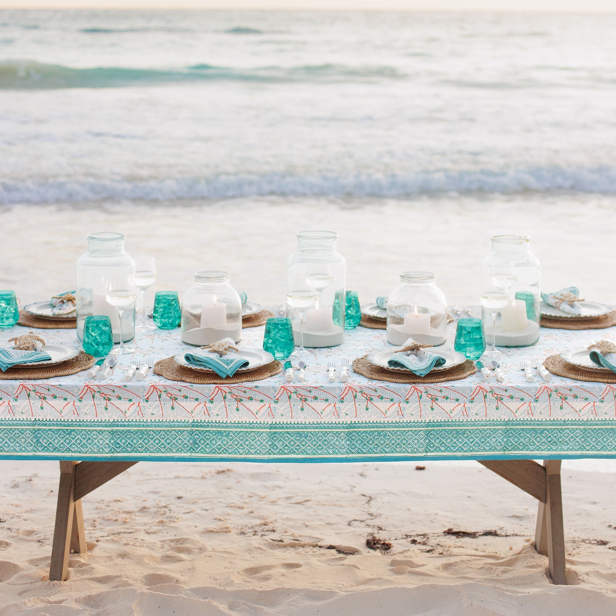 Teal & coral hand block printed cotton tablecloth