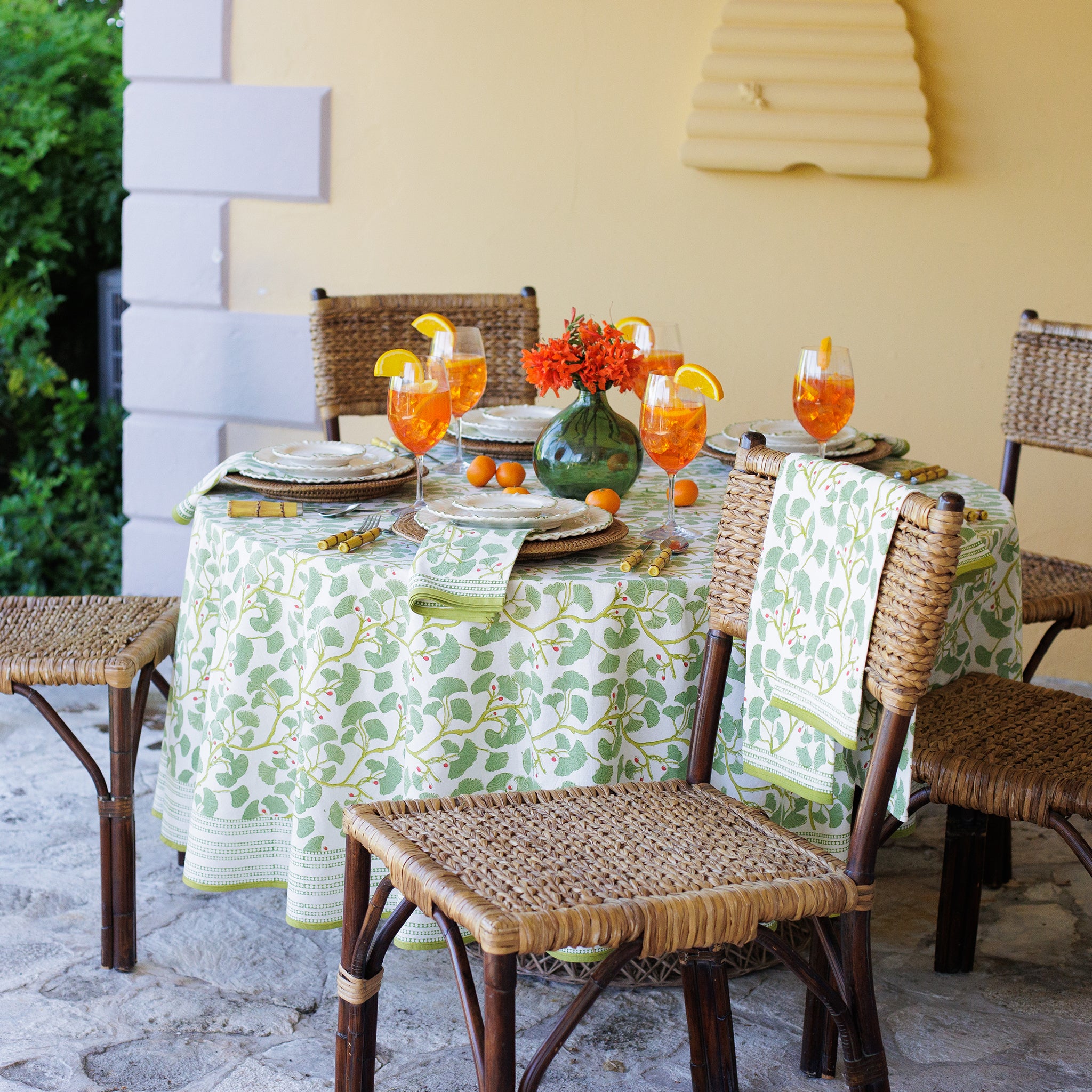 Spring Ginkgo Green & White Hand Block Printed Cotton Tablecloth