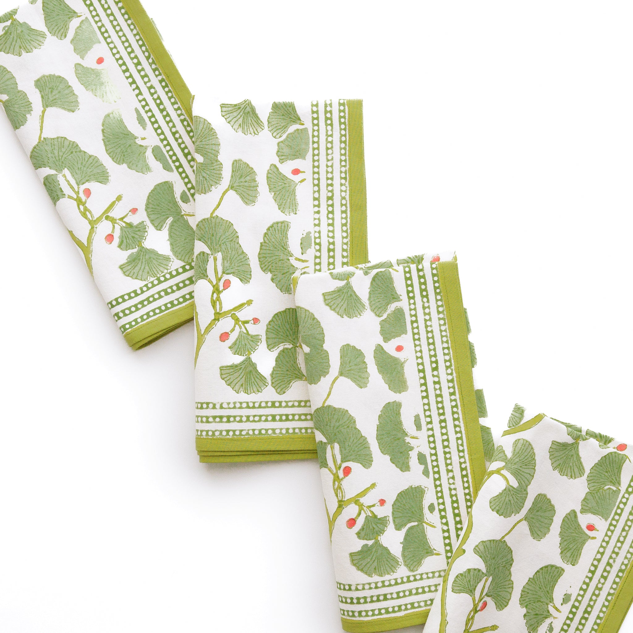 Spring Ginkgo Green & White Hand Block Printed Cotton Napkins