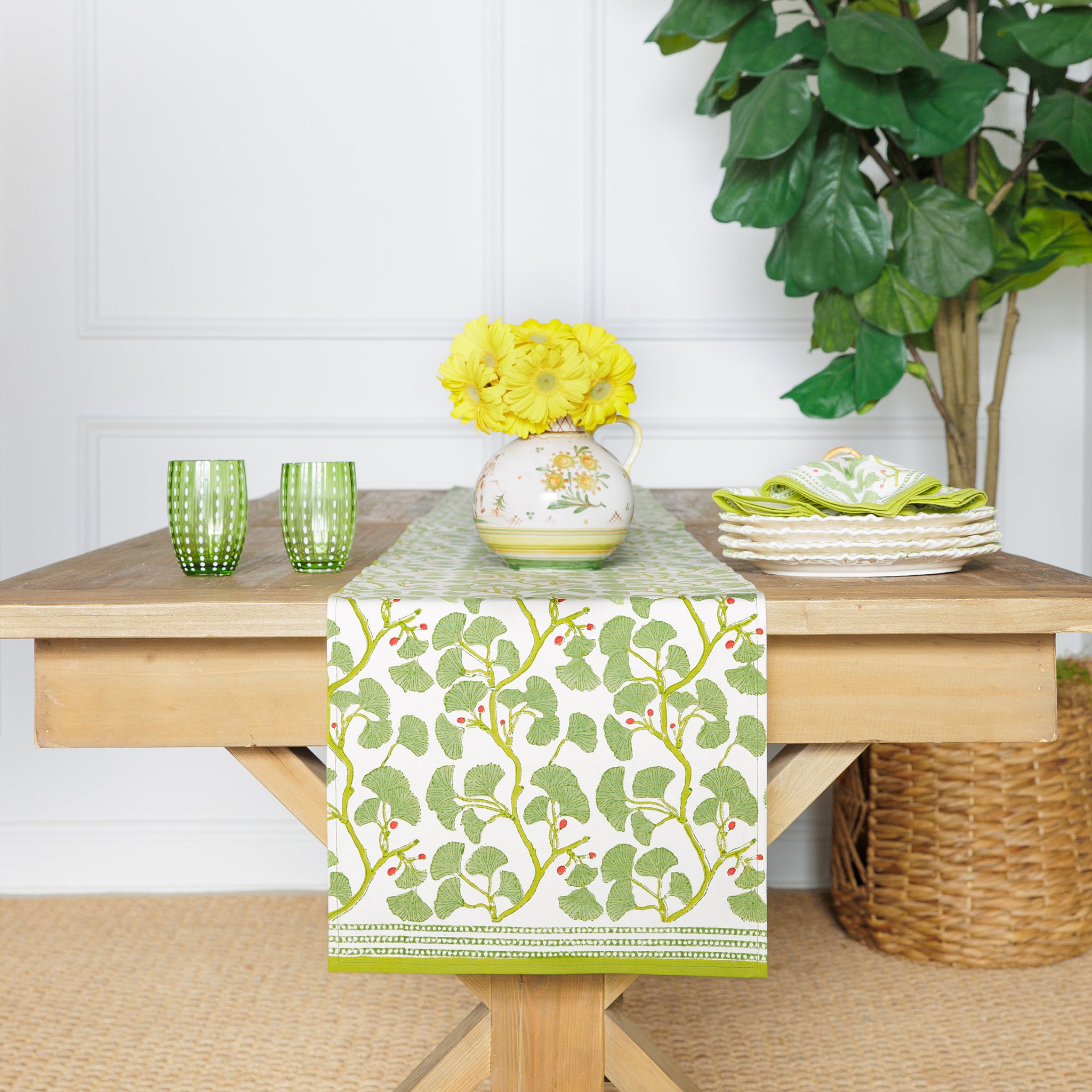 Spring Ginkgo Green & White Hand Block Printed Cotton Table Runner