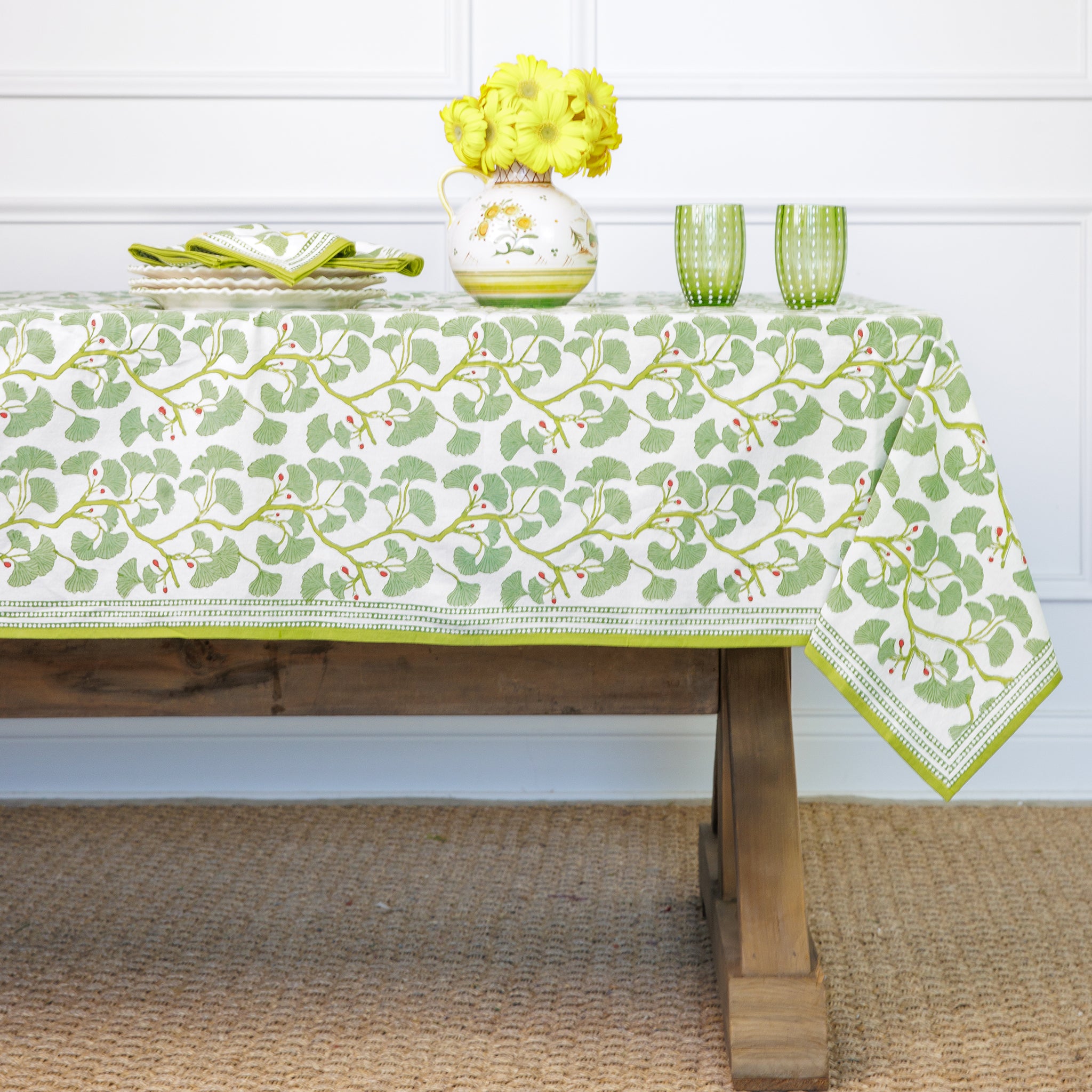 Spring Ginkgo Green & White Hand Block Printed Cotton Tablecloth
