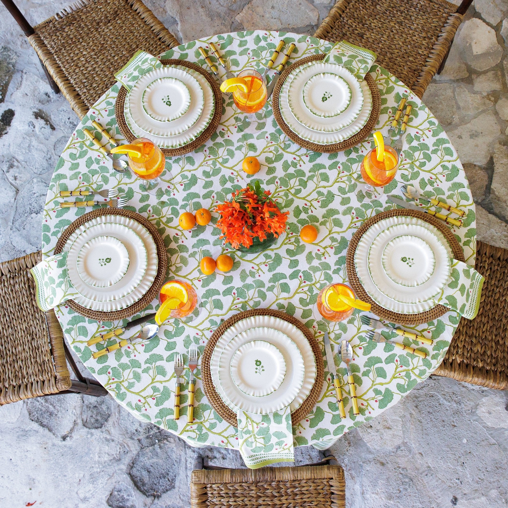 Spring Ginkgo Green & White Hand Block Printed Cotton Tablecloth