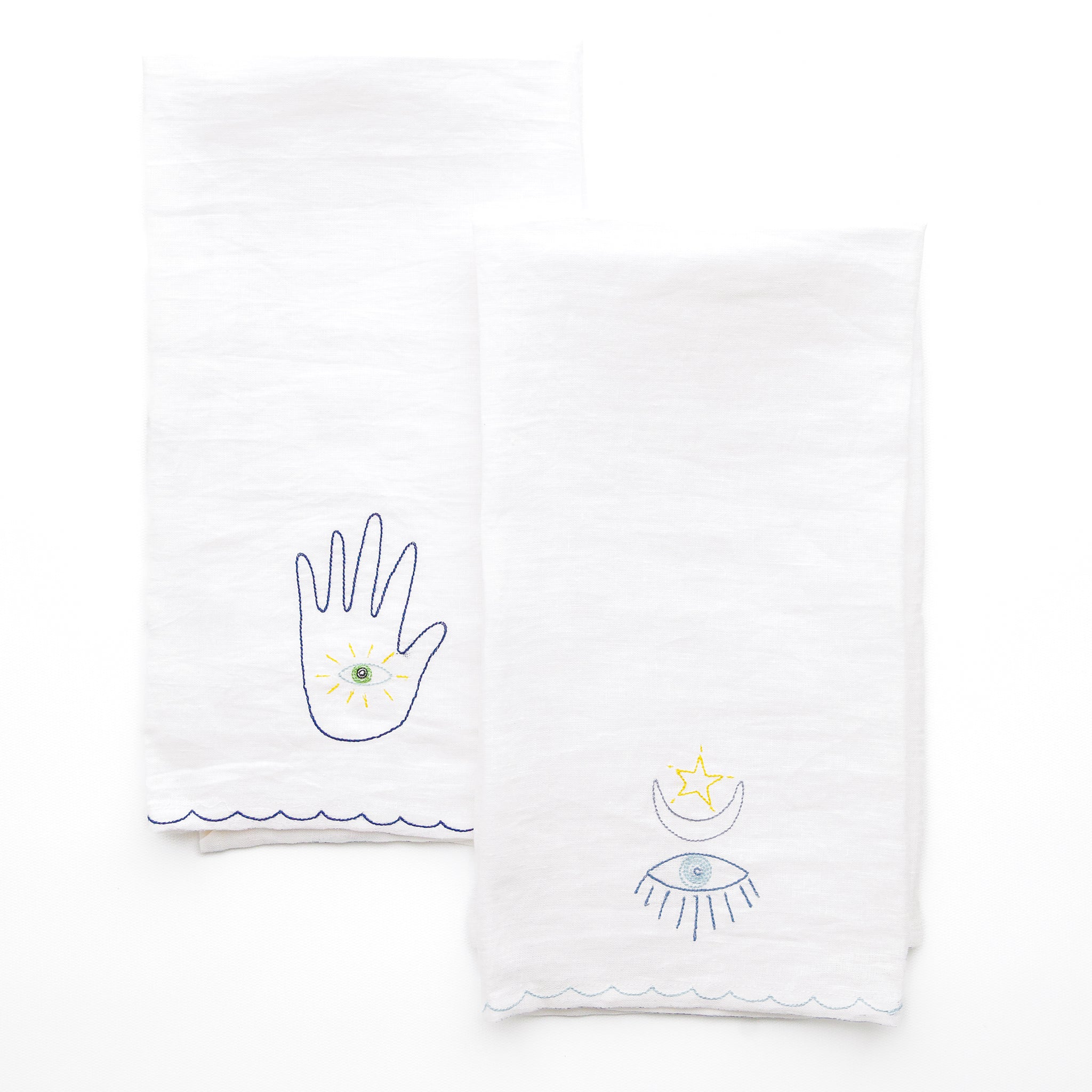 Starry Eyed Moon & Hamsa Embroidered Linen Kitchen Tea Towels