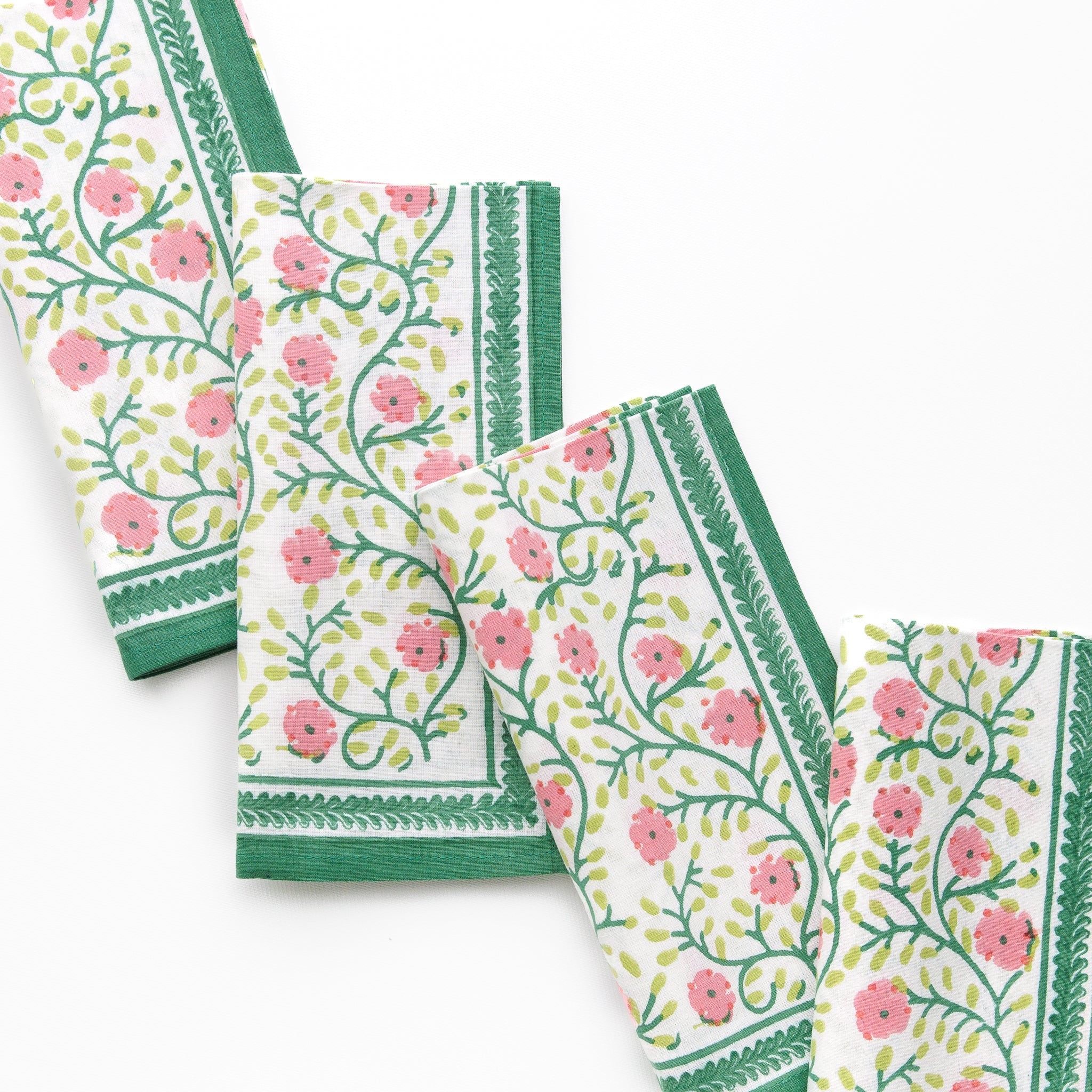 Stephanie Pink & Green Floral Hand Block Printed Cotton Napkins