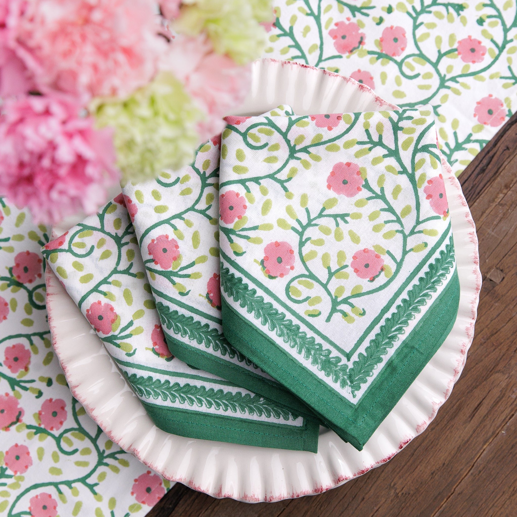 Stephanie Pink & Green Floral Hand Block Printed Cotton Napkins