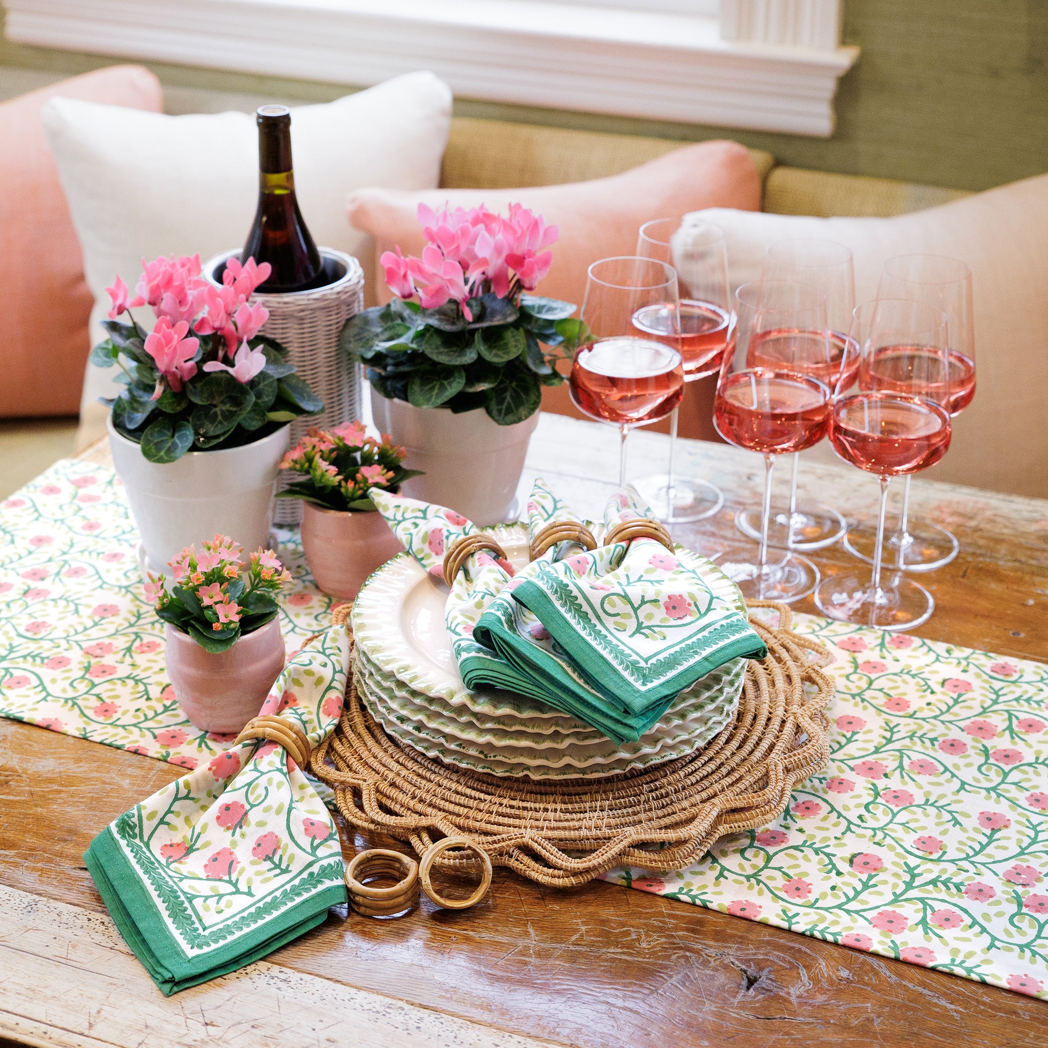 Stephanie Pink & Green Hand Block Printed Floral Cotton Canvas Table Runner