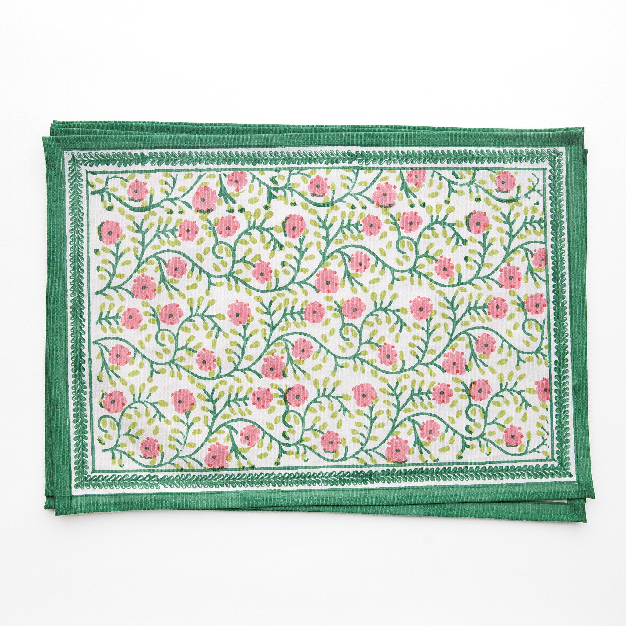 Stephanie Pink & Green Hand Block Printed Floral Cotton Canvas Placemats