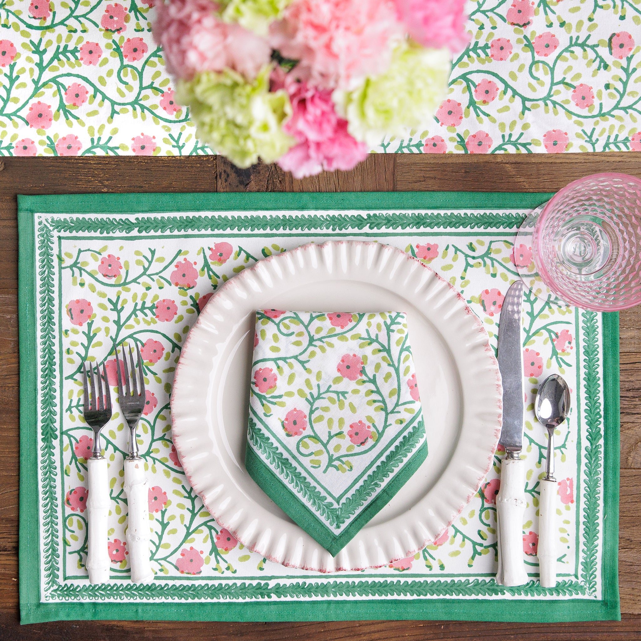 Stephanie Pink & Green Hand Block Printed Floral Cotton Canvas Placemats