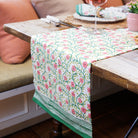 Stephanie Pink & Green Hand Block Printed Floral Cotton Canvas Table Runner