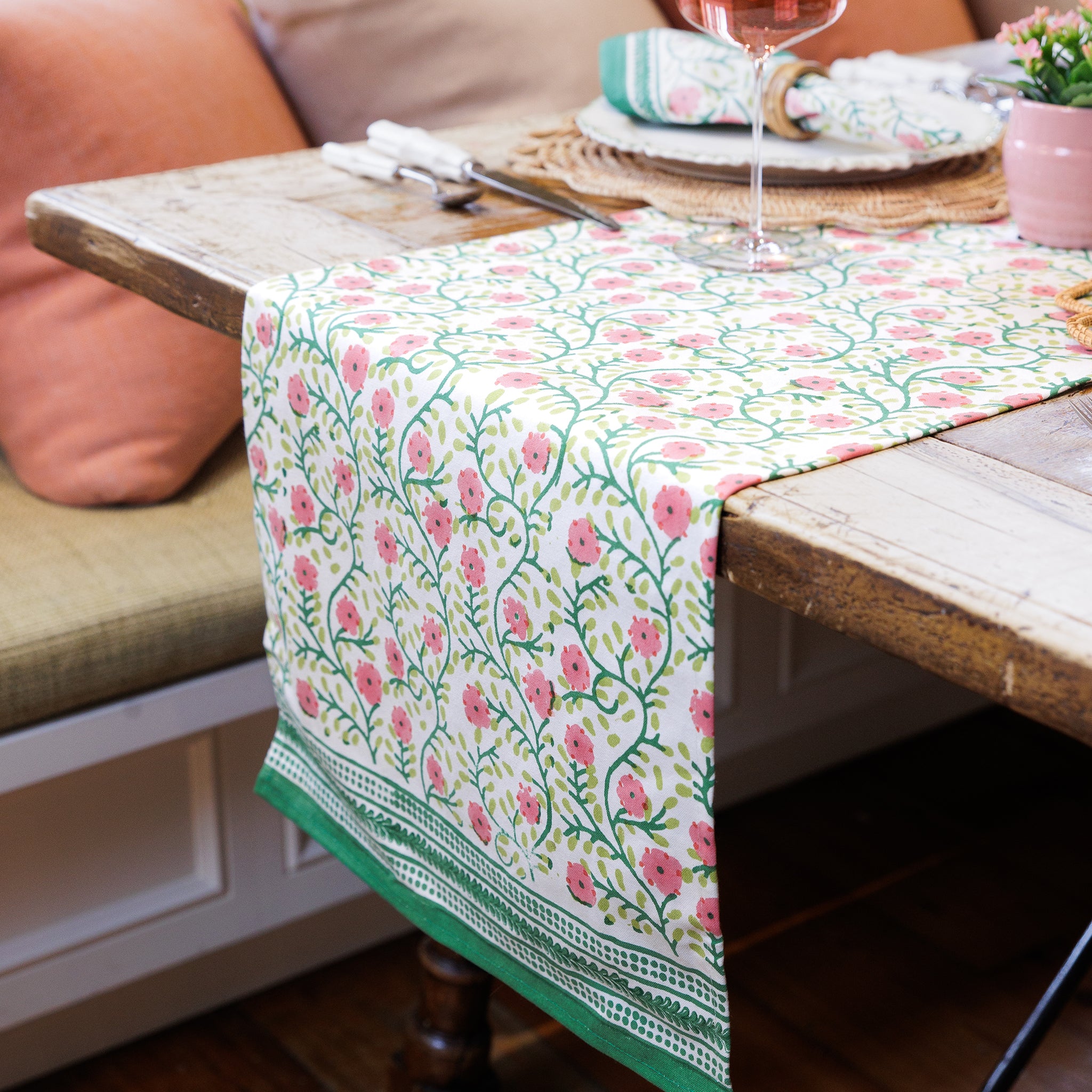 Stephanie Pink & Green Hand Block Printed Floral Cotton Canvas Table Runner