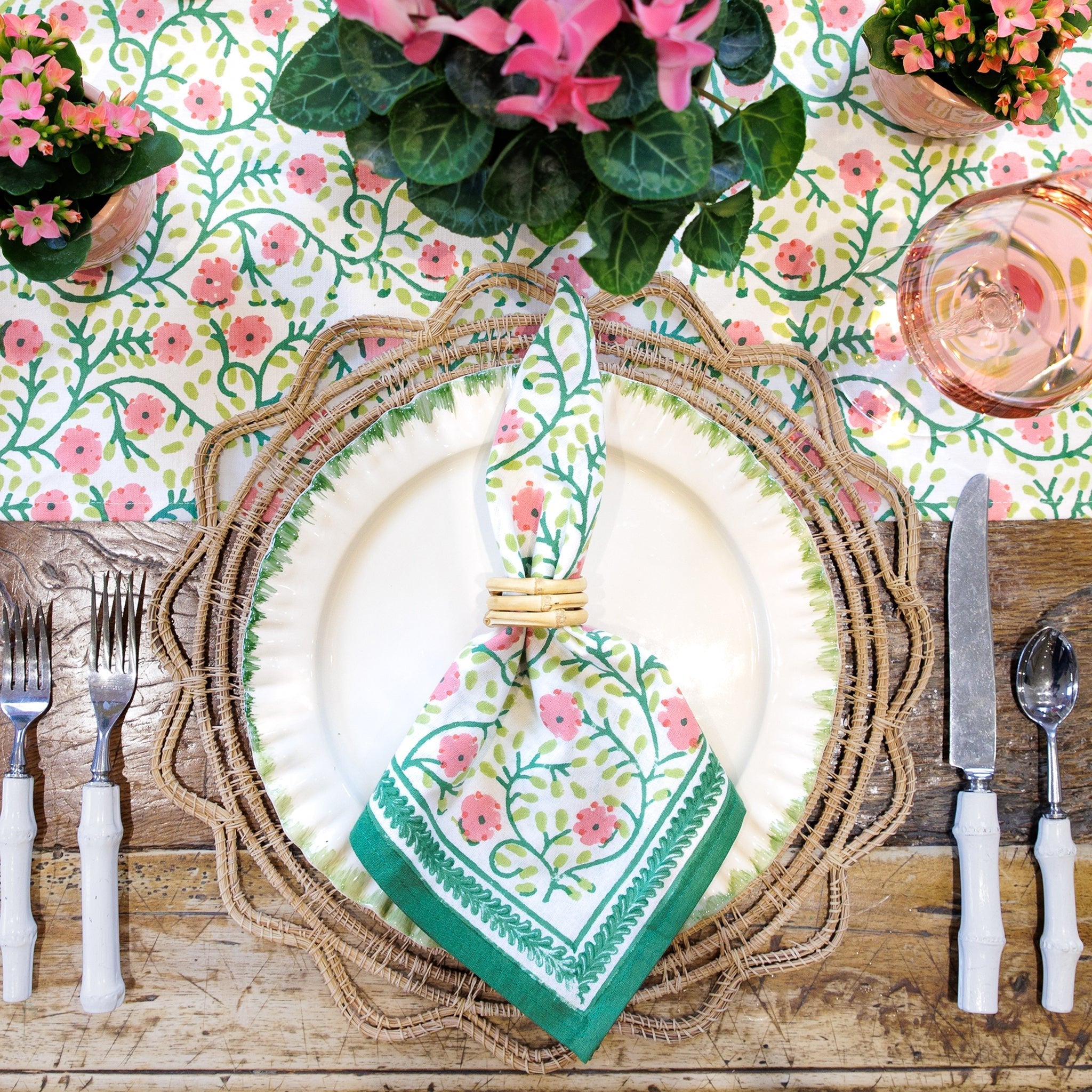 Stephanie Pink & Green Floral Hand Block Printed Cotton Napkins