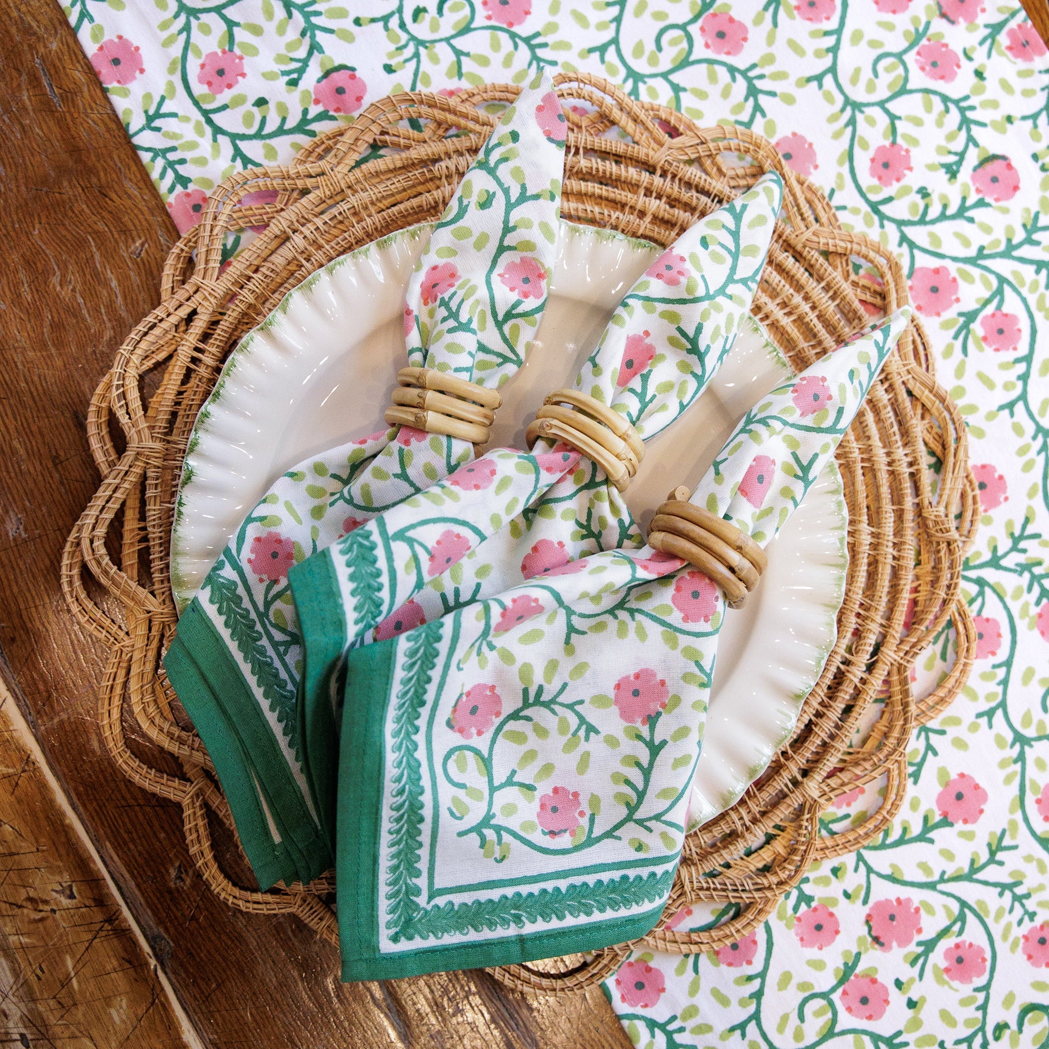 Stephanie Pink & Green Floral Hand Block Printed Cotton Napkins