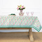 Stephanie Pink & Green Hand Block Printed Floral Cotton Tablecloth
