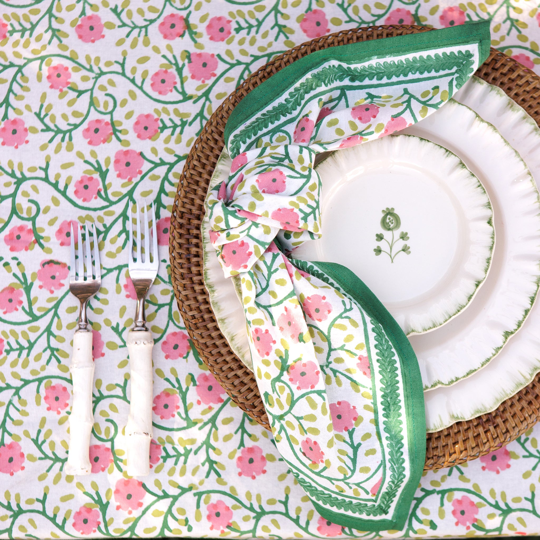 Stephanie Pink & Green Floral Hand Block Printed Cotton Napkins