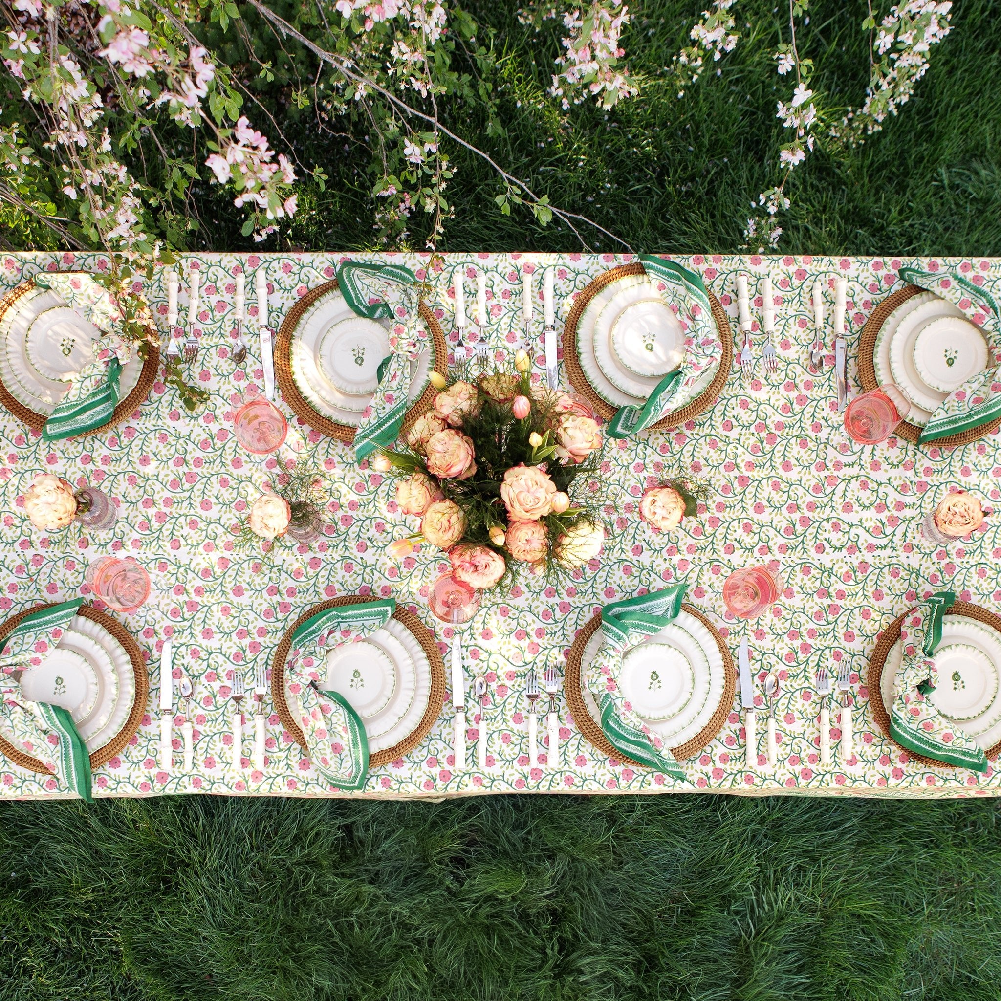 Stephanie Pink & Green Hand Block Printed Floral Cotton Tablecloth