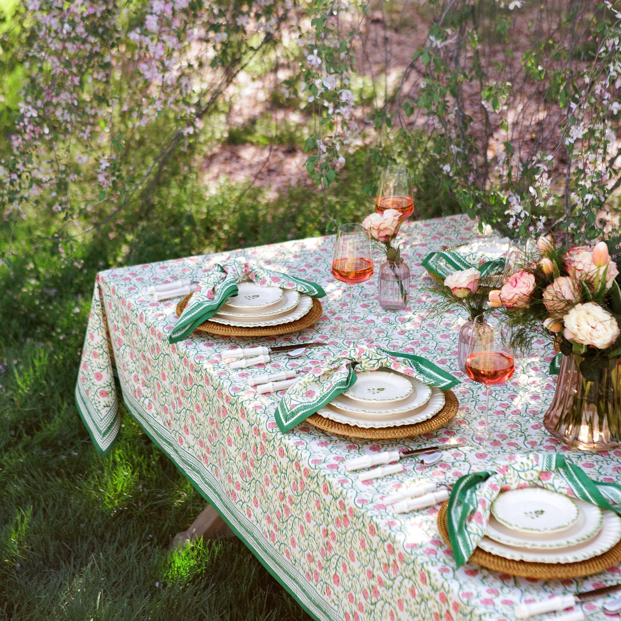 Stephanie Pink & Green Hand Block Printed Floral Cotton Tablecloth