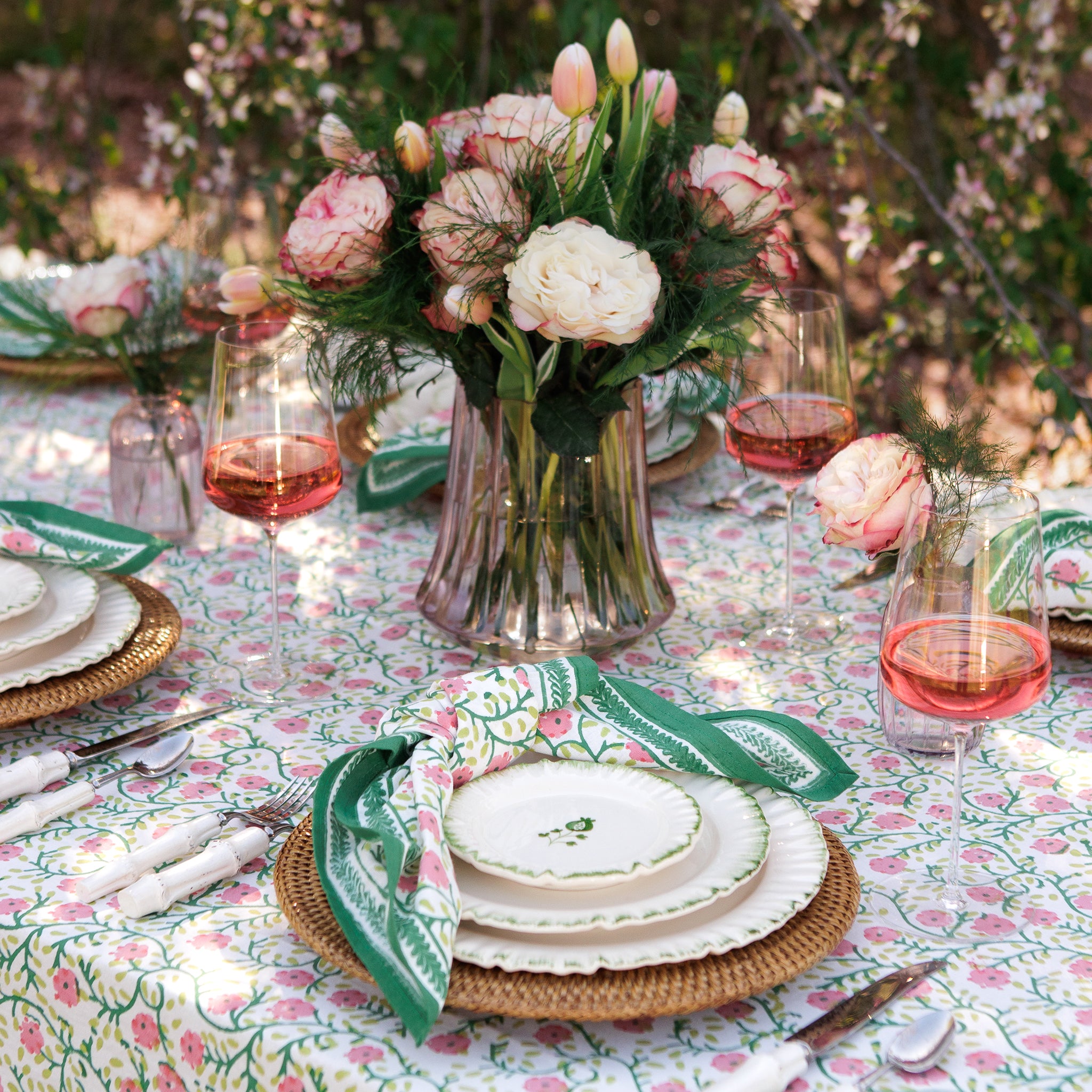 Stephanie Pink & Green Floral Hand Block Printed Cotton Napkins
