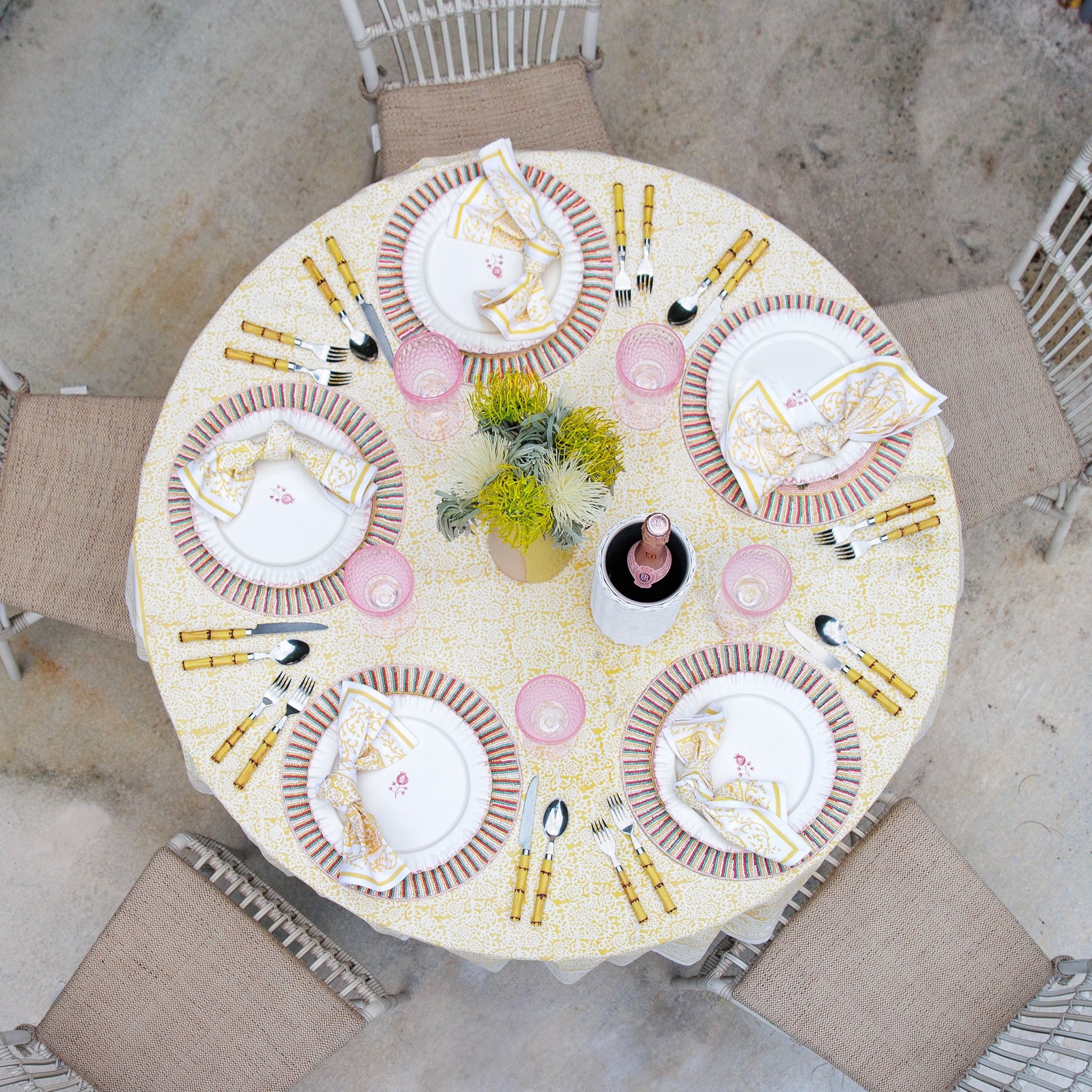 Tapestry Marigold Hand Block Printed Yellow & White Cotton Tablecloth