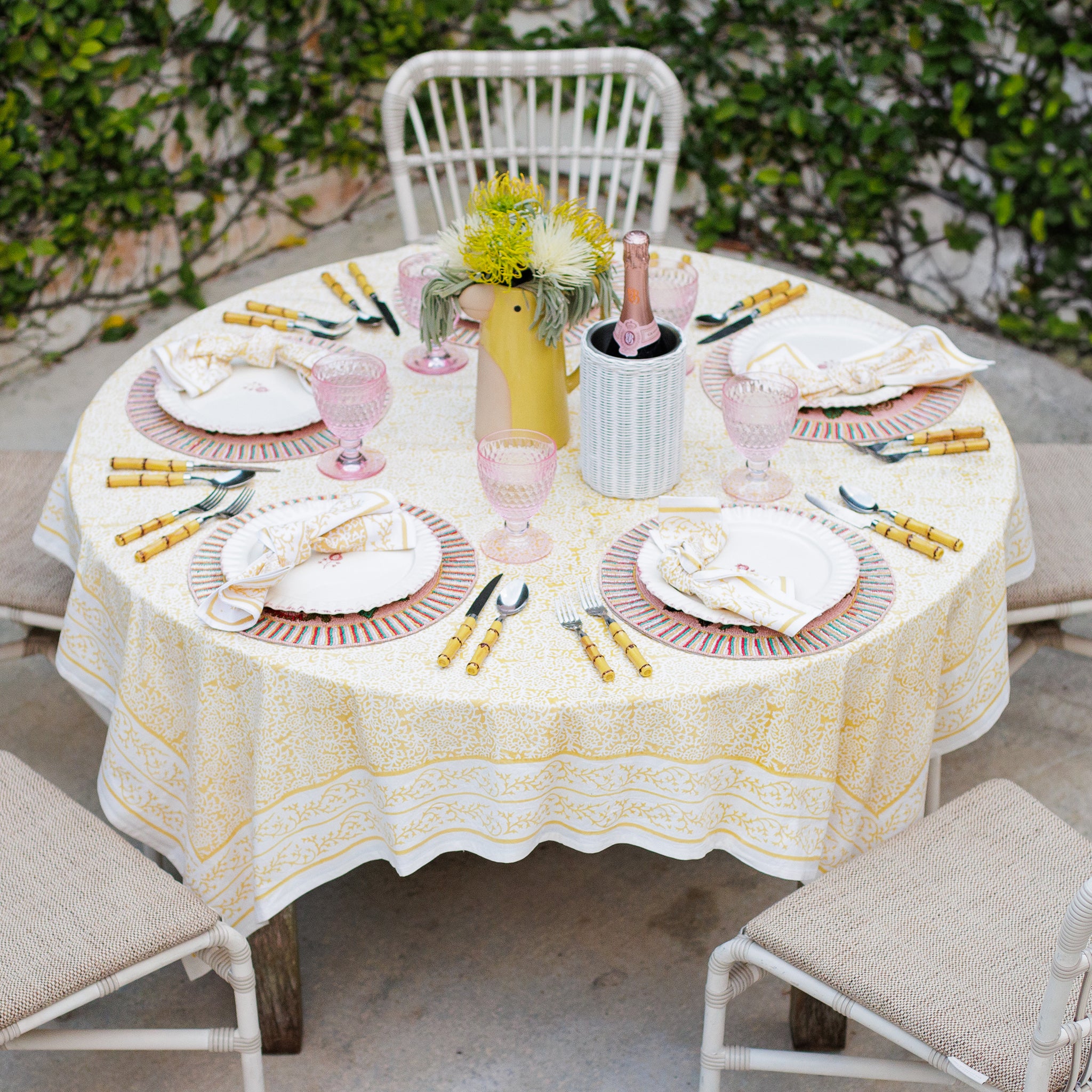 Tapestry Marigold Hand Block Printed Yellow & White Cotton Tablecloth
