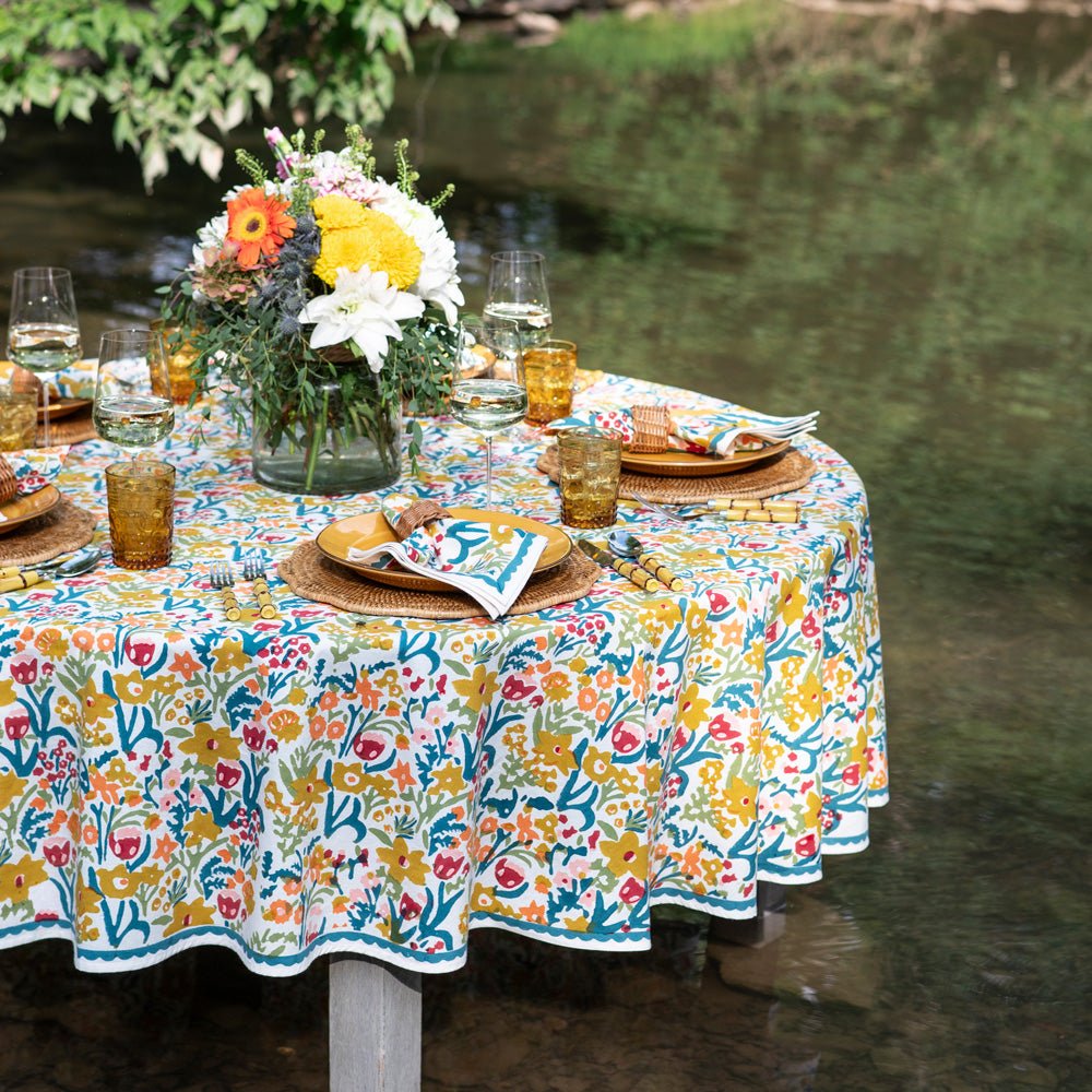 Teal and goldenrod patterned tablecloth
