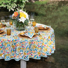 Teal and goldenrod patterned tablecloth