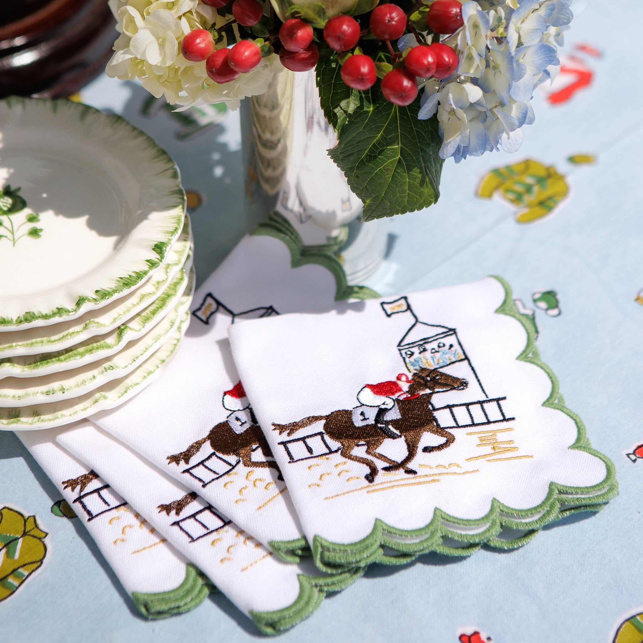 At the Finish Embroidered Equestrian Horse Racing Cocktail Napkins with Green Scalloped Edge