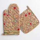 An oven mitt and pot holder with a pinecone motif on a white background