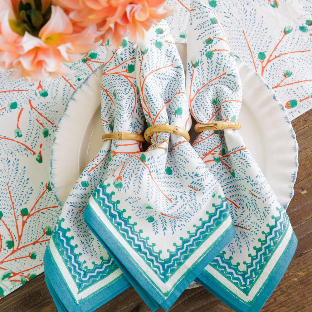 Teal & coral hand block printed napkins