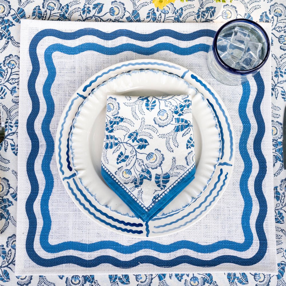 Blue & White Natural Fiber Woven Jute Square Placemats with Wave detail
