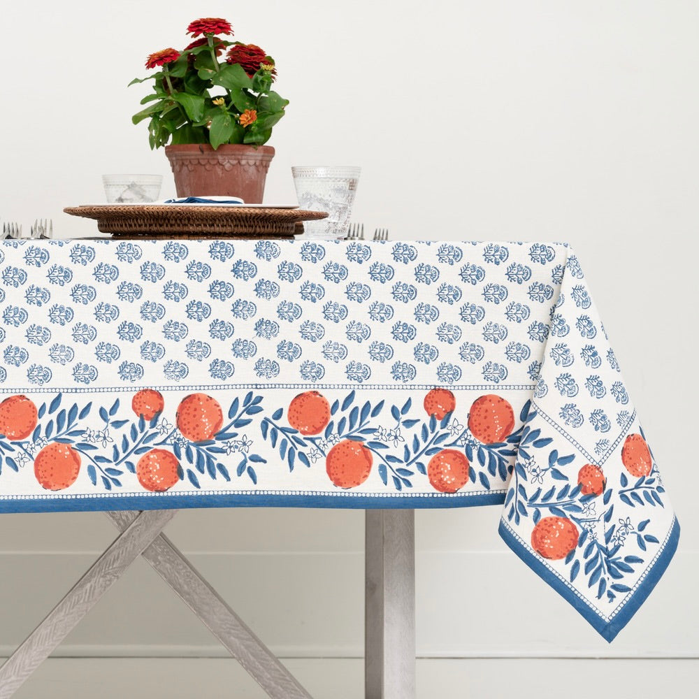 Orange, Blue & White Citrus and Floral Hand Block Printed Cotton Tablecloth