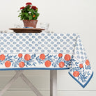 Orange, Blue & White Citrus and Floral Hand Block Printed Cotton Tablecloth