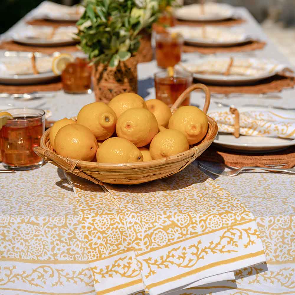 Tapestry Marigold Hand Block Printed Yellow & White Cotton Tablecloth