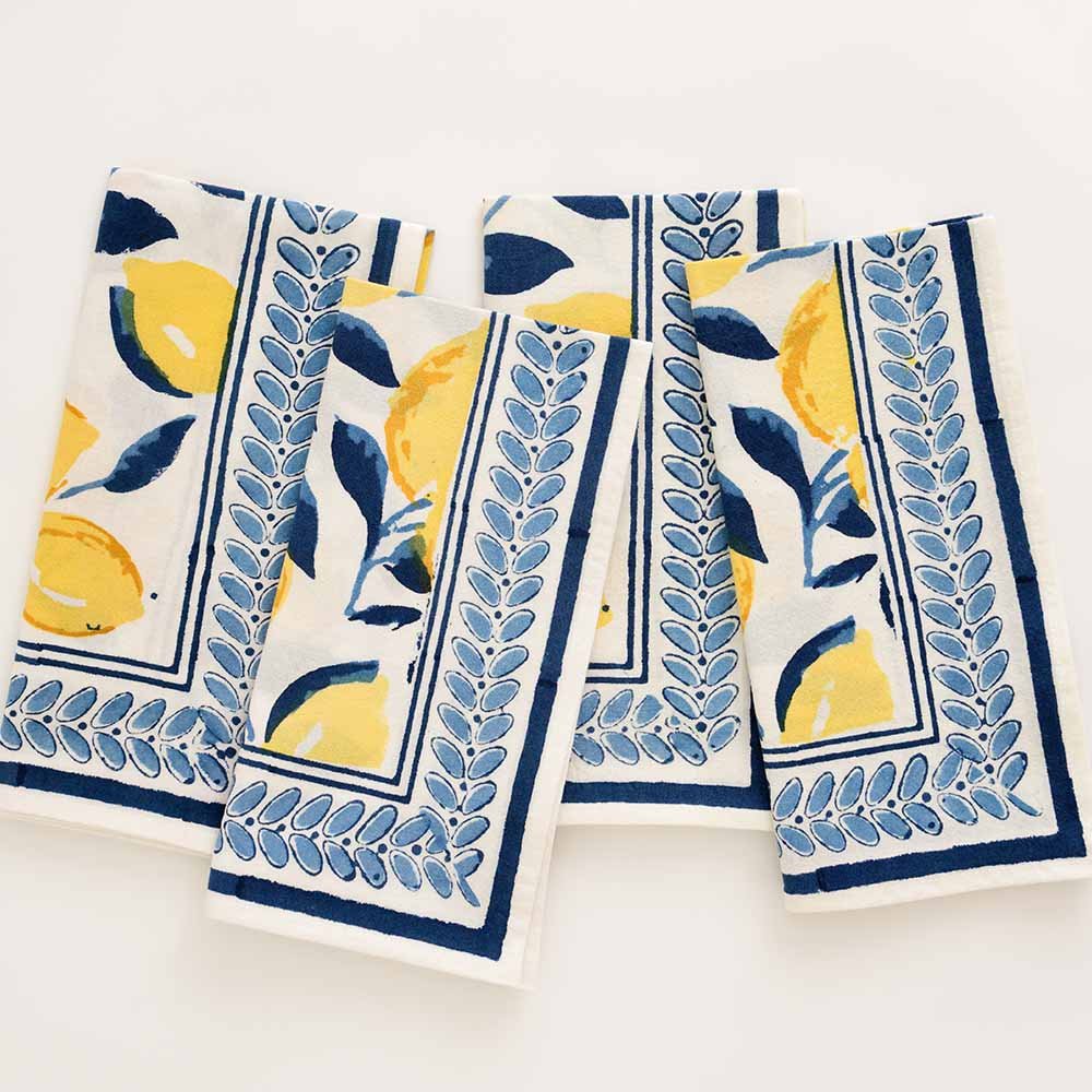 Navy Blue & Yellow Lemon Hand Block Printed Cotton Napkins