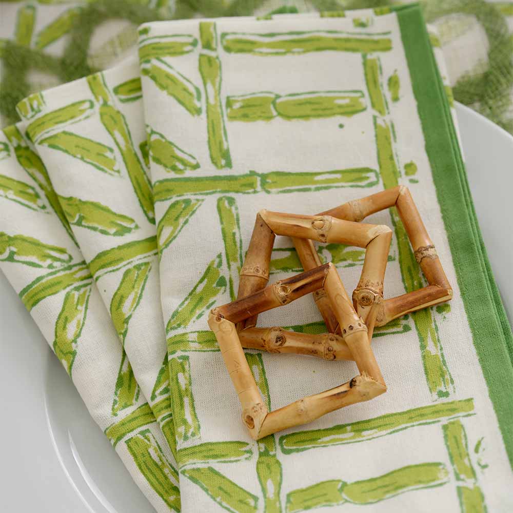 Green Bamboo Hand Block Printed Geometric Cotton Napkins