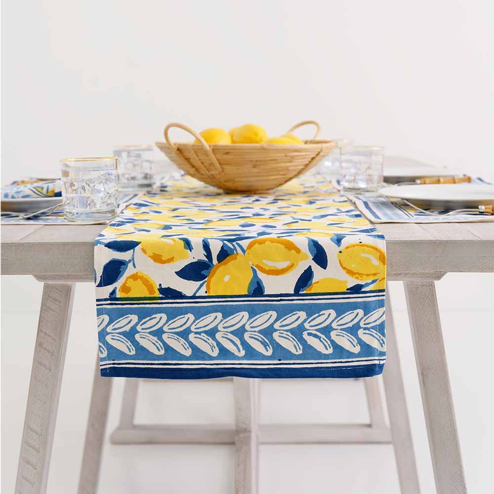 Vibrant yellow and rich navy hues on Mod Lemon table runner.