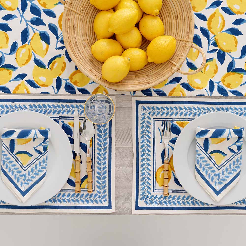Navy Blue & Yellow Lemon Hand Block Printed Cotton Napkins