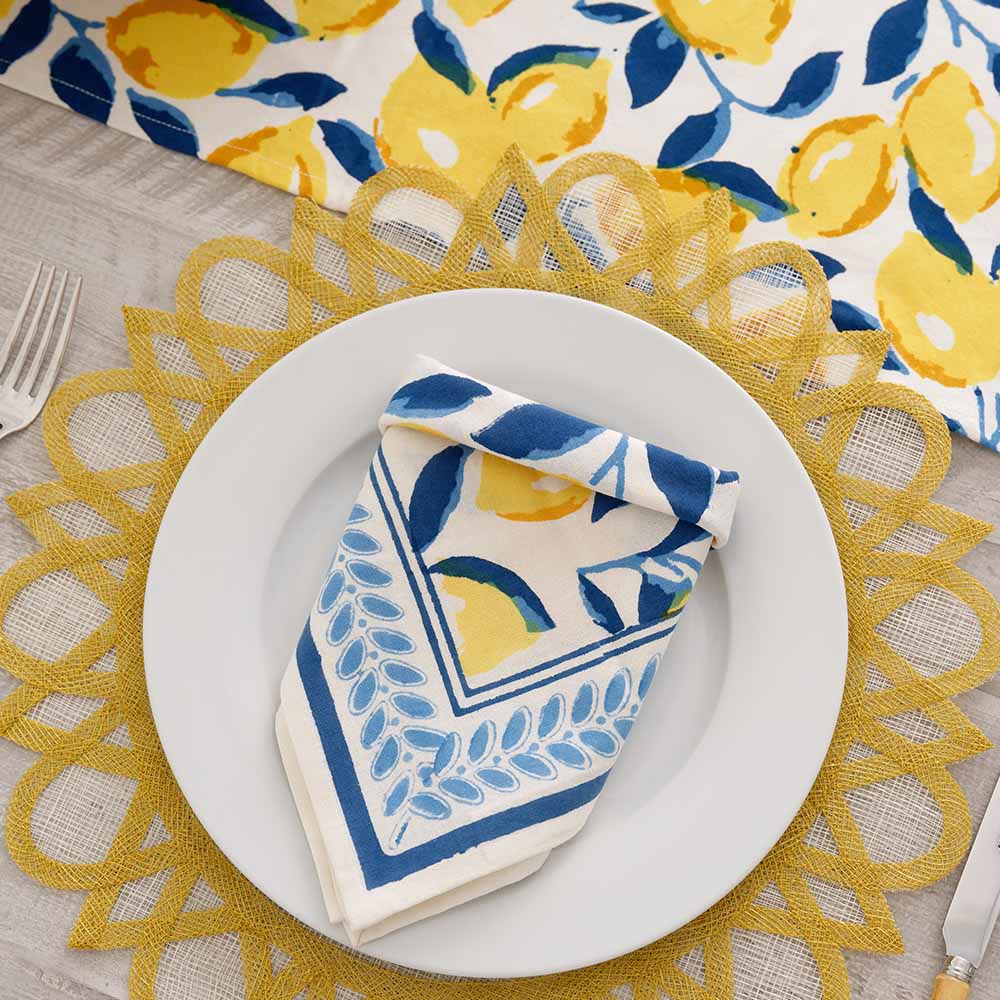 Navy Blue & Yellow Lemon Hand Block Printed Cotton Napkins