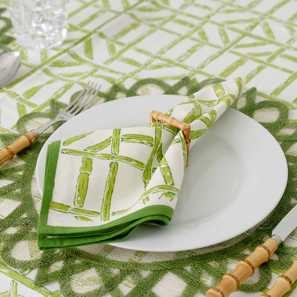 Green Bamboo Hand Block Printed Geometric Cotton Napkins