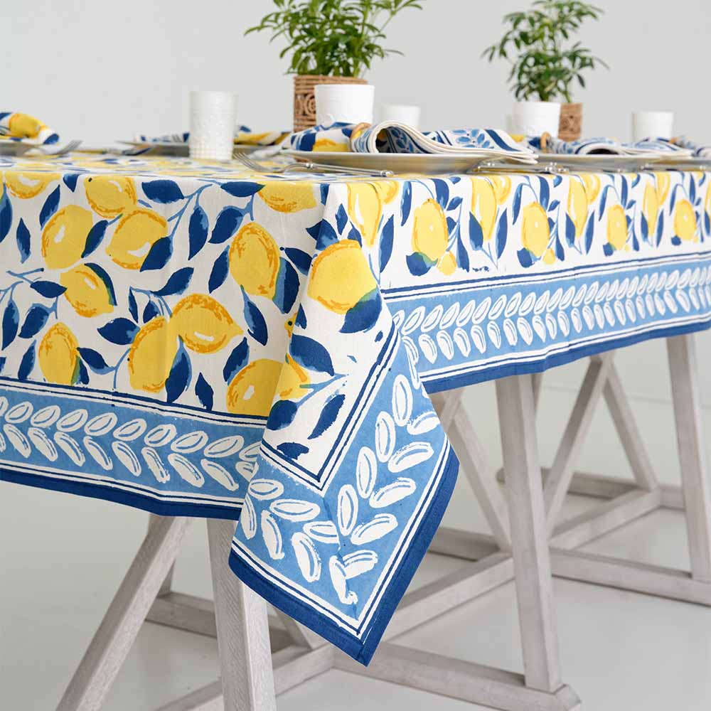Navy Blue & Yellow Lemon Hand Block Printed Cotton Tablecloth