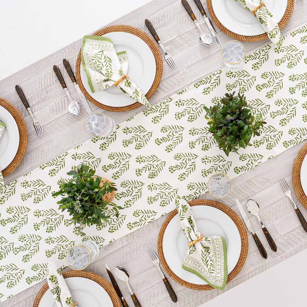 Overhead shot of table runner and matching napkins.