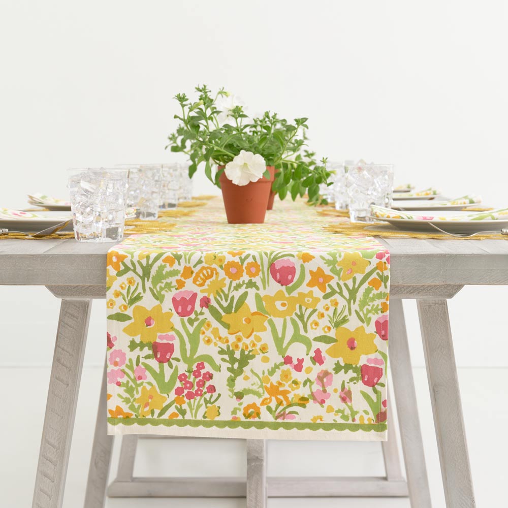 70s Flower Colorful Hand Block Printed Floral Cotton Canvas Table Runner